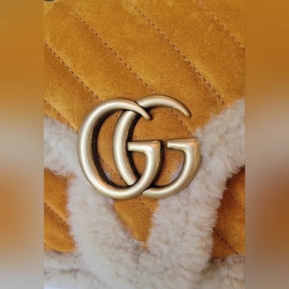 NWT $3600 GUCCI MARMONT TAN SUEDE SHEARLING LAMBSWOOL MEDIUM FLAP SHOULDER BAG - Picture 11 of 14